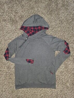 SOTO LIFESTYLE Gray Double Hoodie w/ Red & Navy Blue Plaid Small **FREE GIFT**